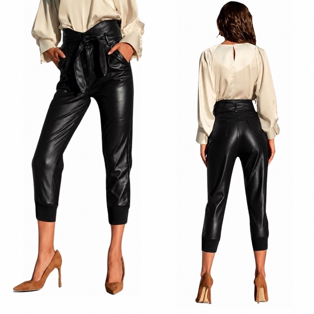 Venti6 High Rise Paperbag Waist Belted Faux Leather Jogger Black Size S Minimal